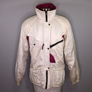 SKI Jacket Womens Large Ivory Pink Insulated Lined Zipper Snaps Pockets Vintage